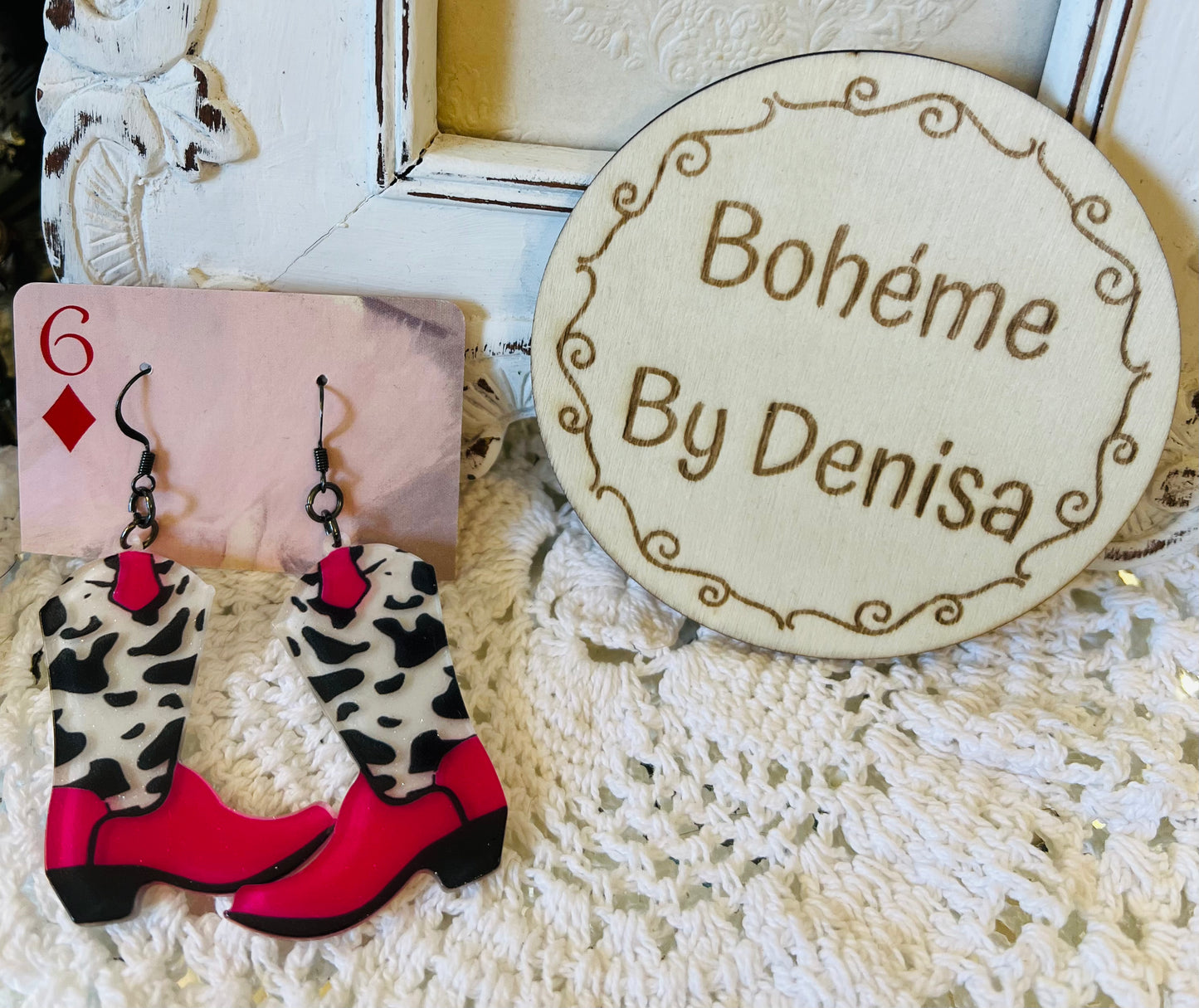 Hot pink cow print boot earrings