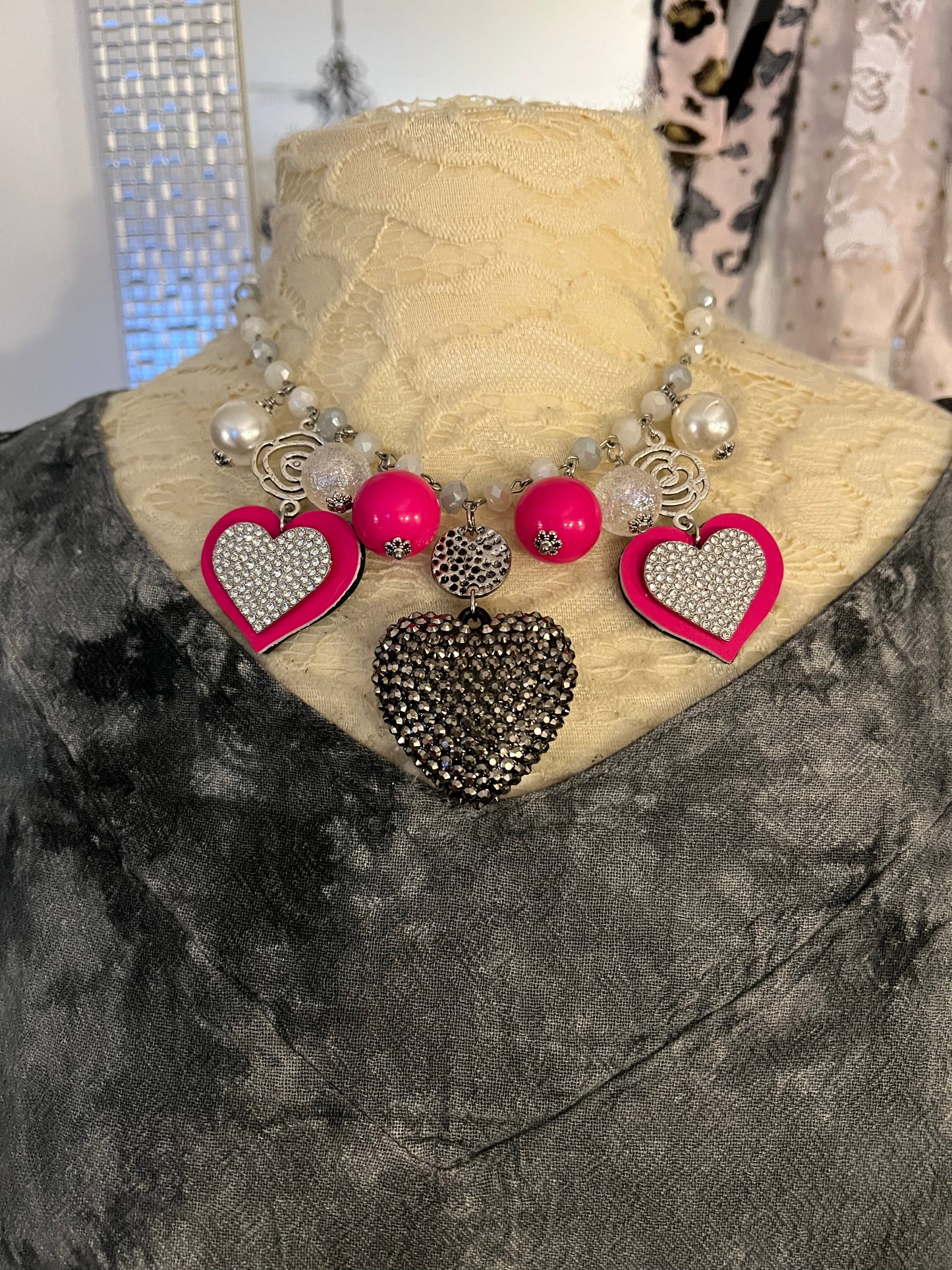 Hot Pink & Sparkle Heart Necklace