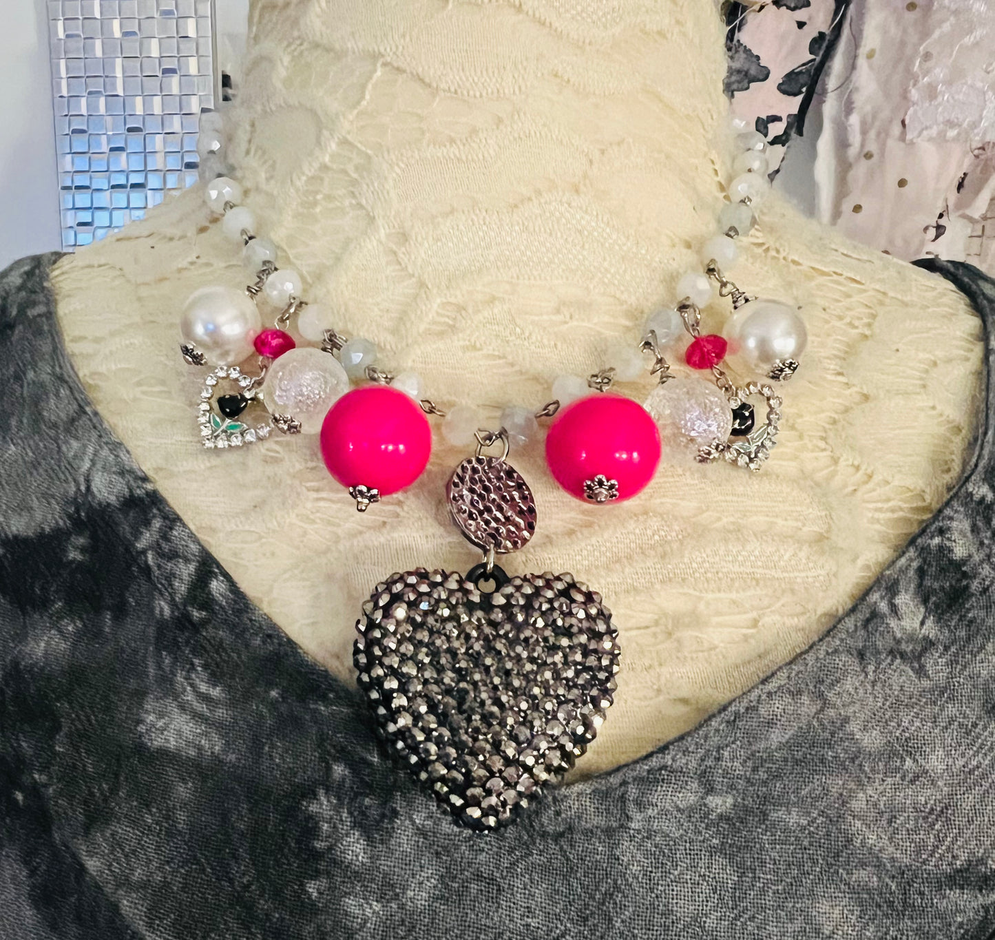 Hot Pink & Sparkle Heart Necklace