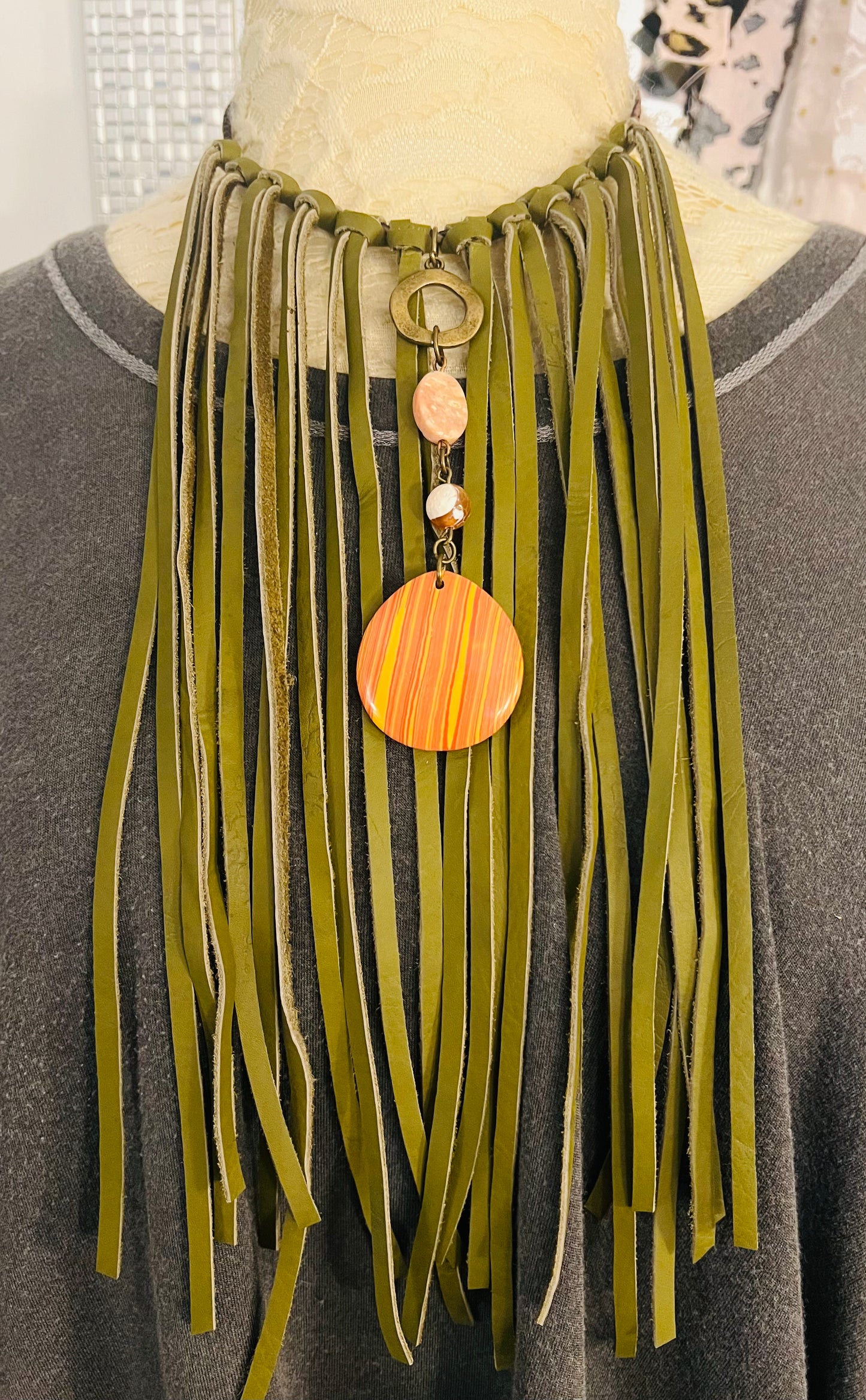 Olive Fringe & Orange Stone Pendant drop Choker