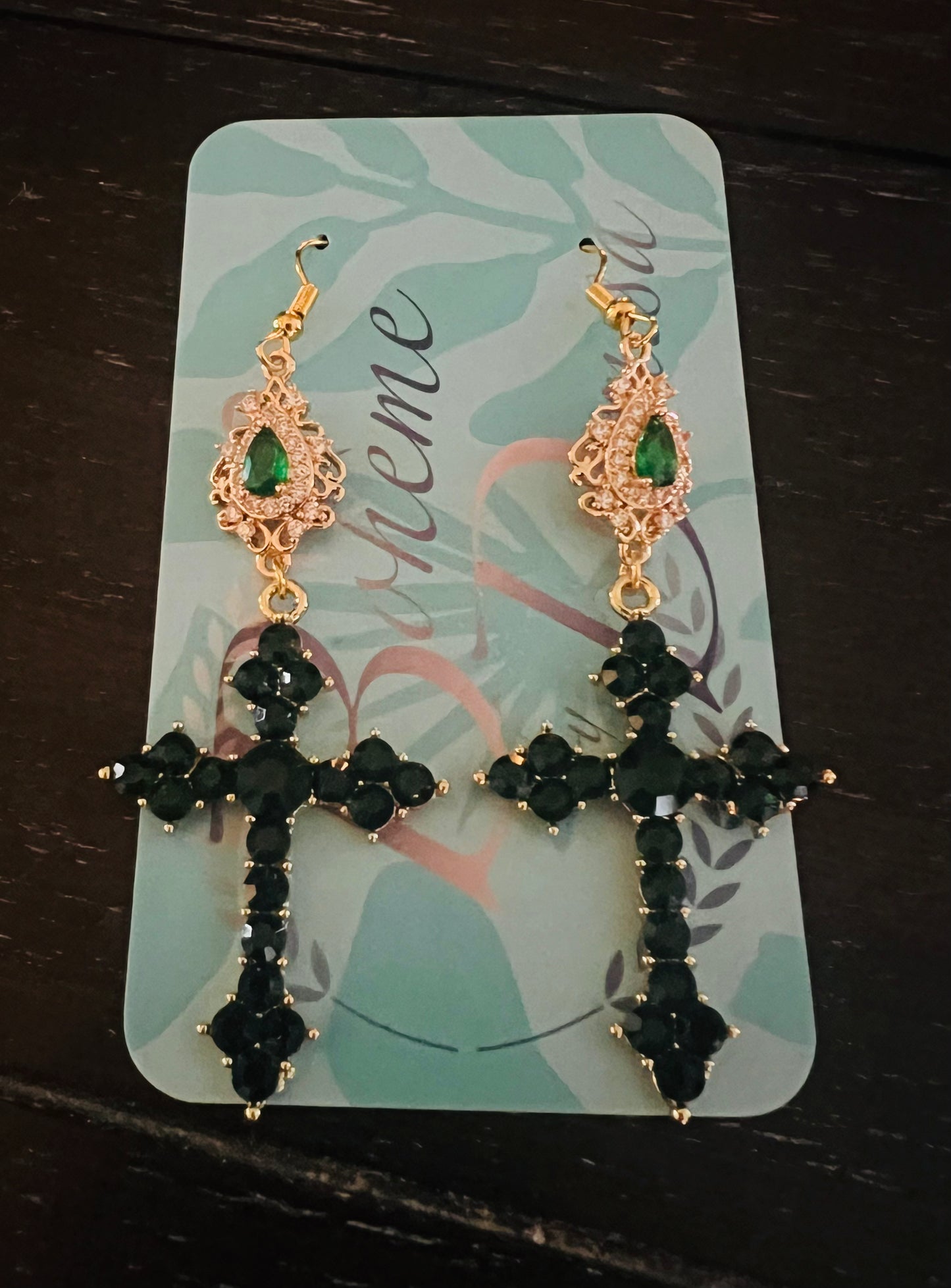 Green Bling Cross Earrings