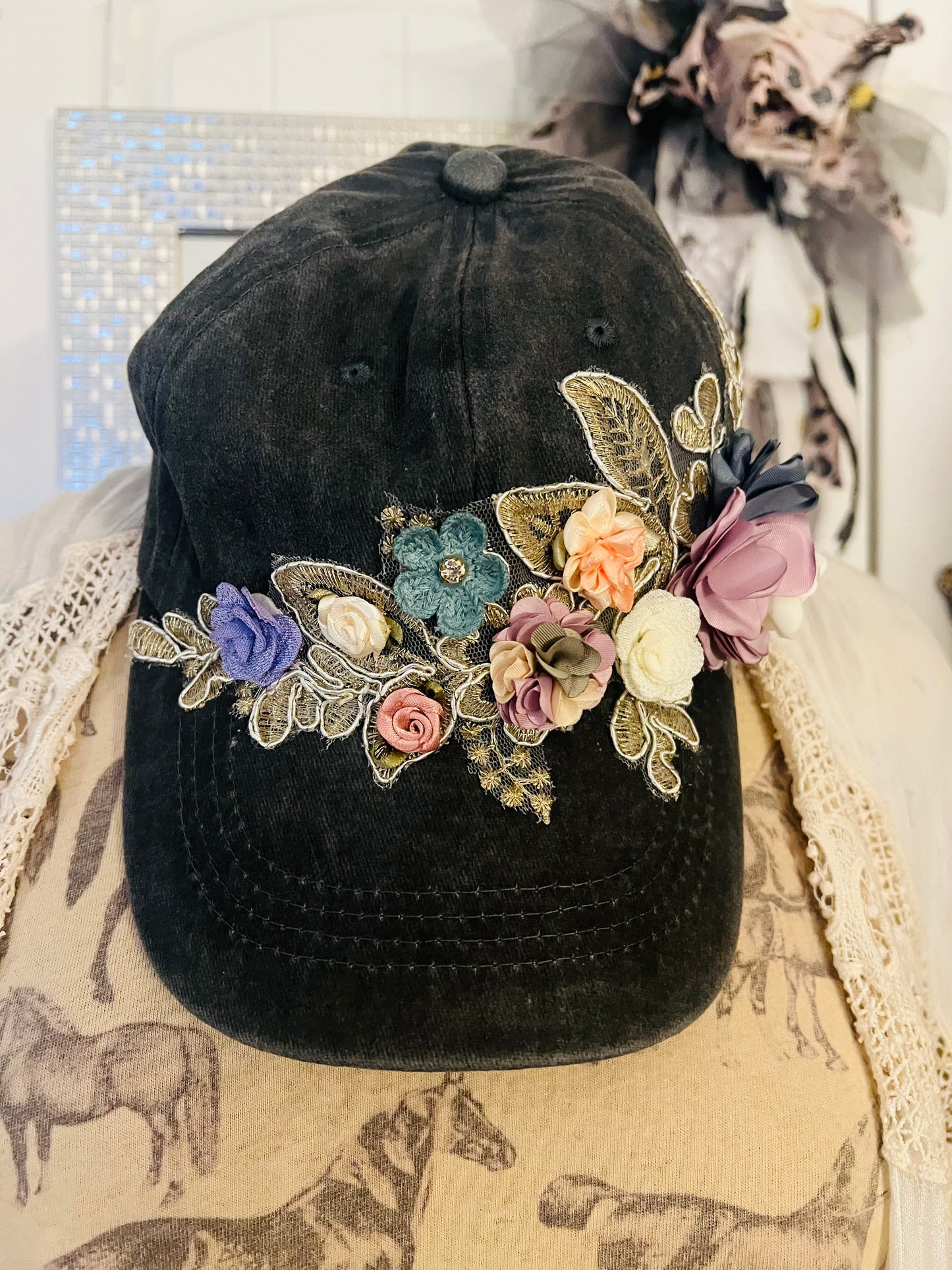 Grey Trucker Hat with Floral Bouquet