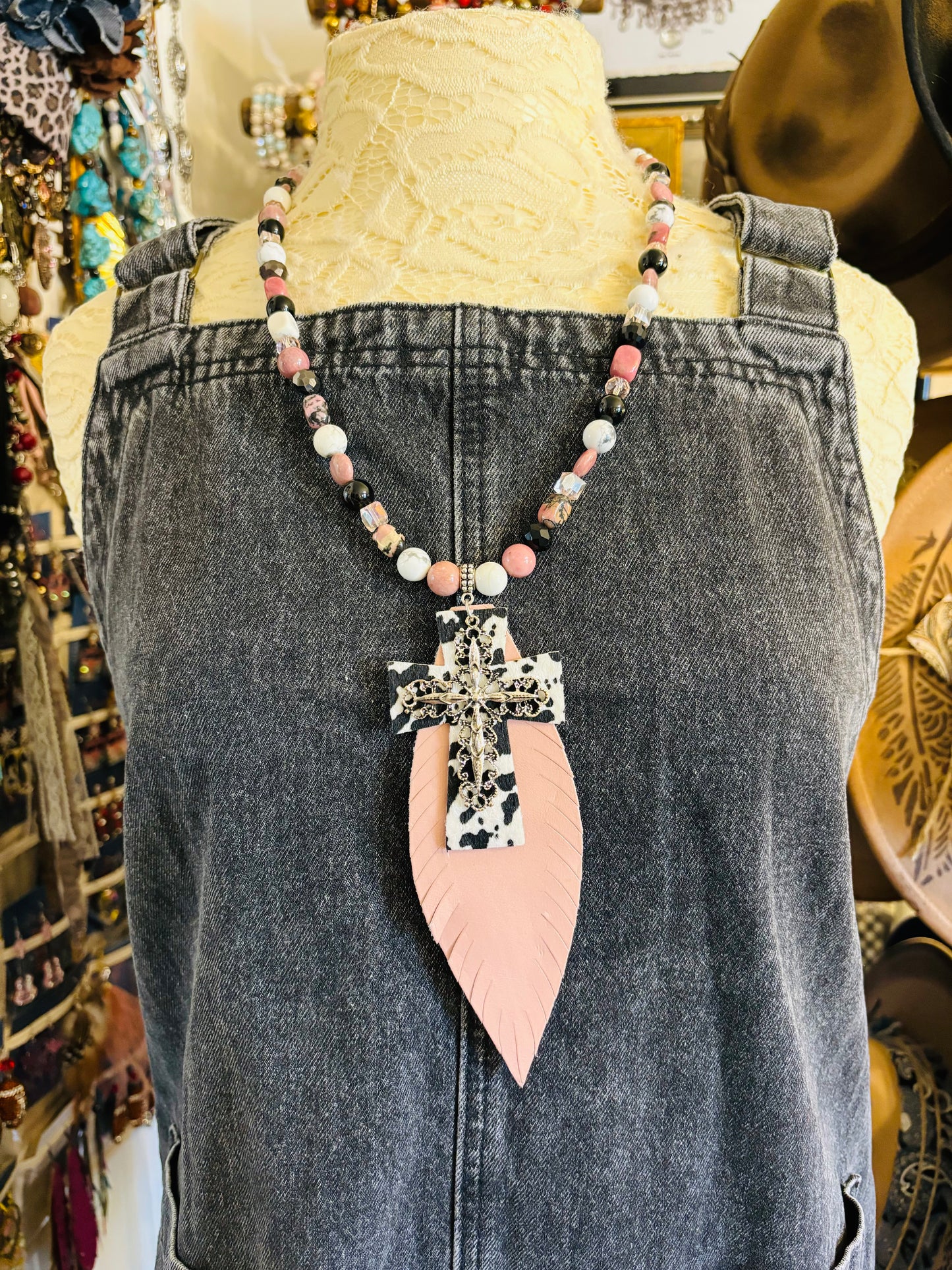 Feather Cross Cow Print Necklace