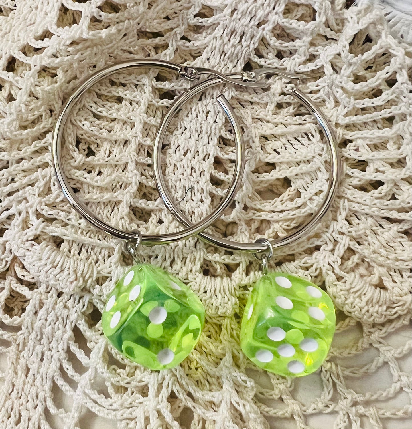 Green dice hoop earrings