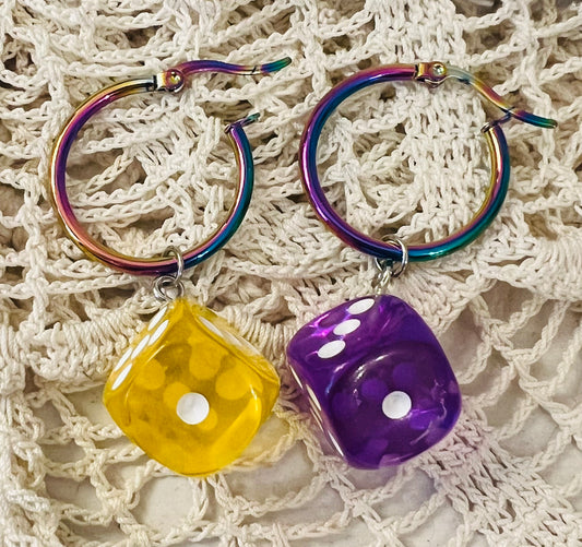 Purple/Yellow Dice Multi color hoop earrings