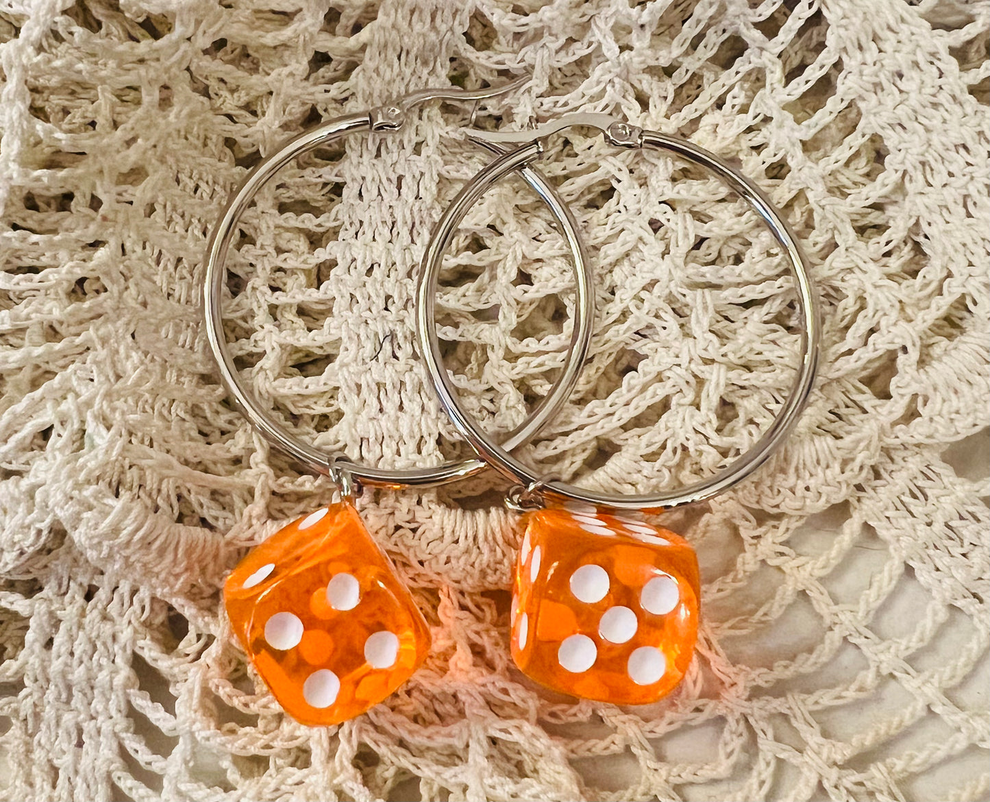 Orange dice hoop earrings