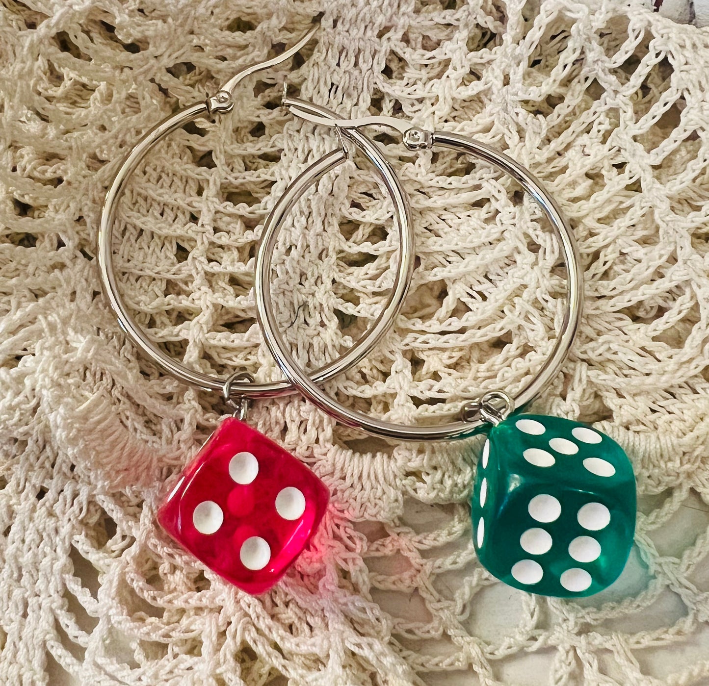 Green and Pink dice hoop earrings