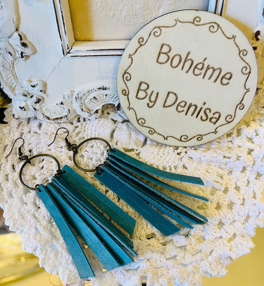 Blue Turquoise Leather Strip Tassel Earrings