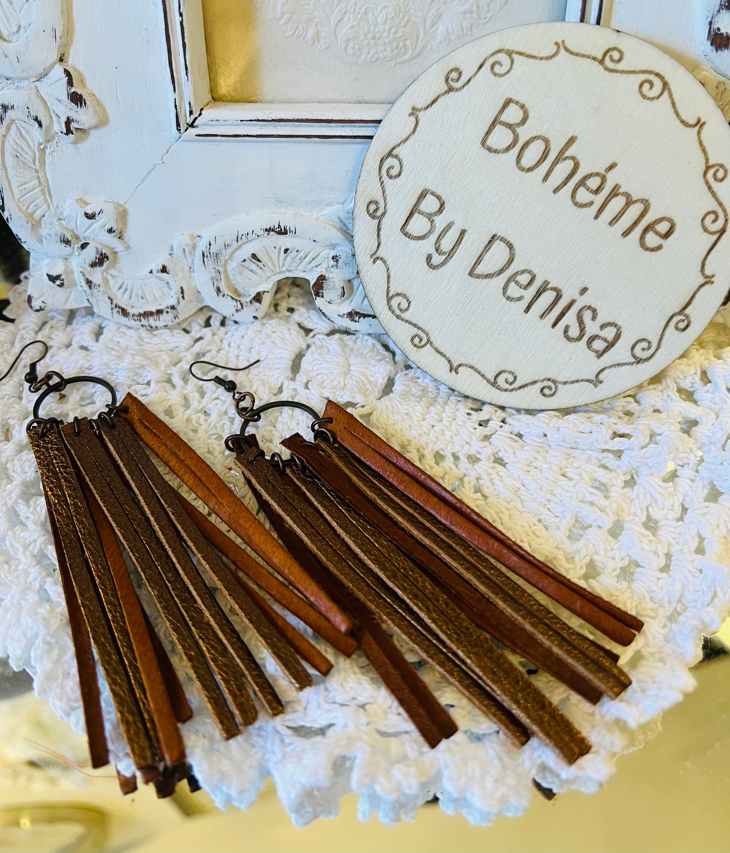 Bronze Metallic Leather Strip Tassel Earrings