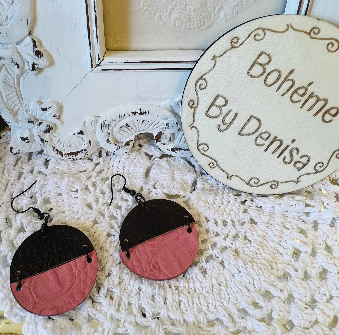 Pink/Brown Leather Circle Earrings