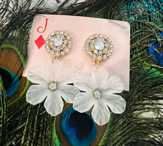 Round Rhinestone & Opal Stud with White Flower Earrings