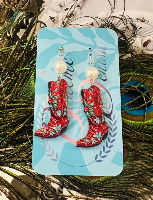 Christmas Pearly Cowgirl Boot Earrings