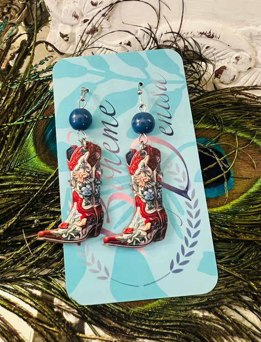 Blue Beaded Christmas Boot Earrings