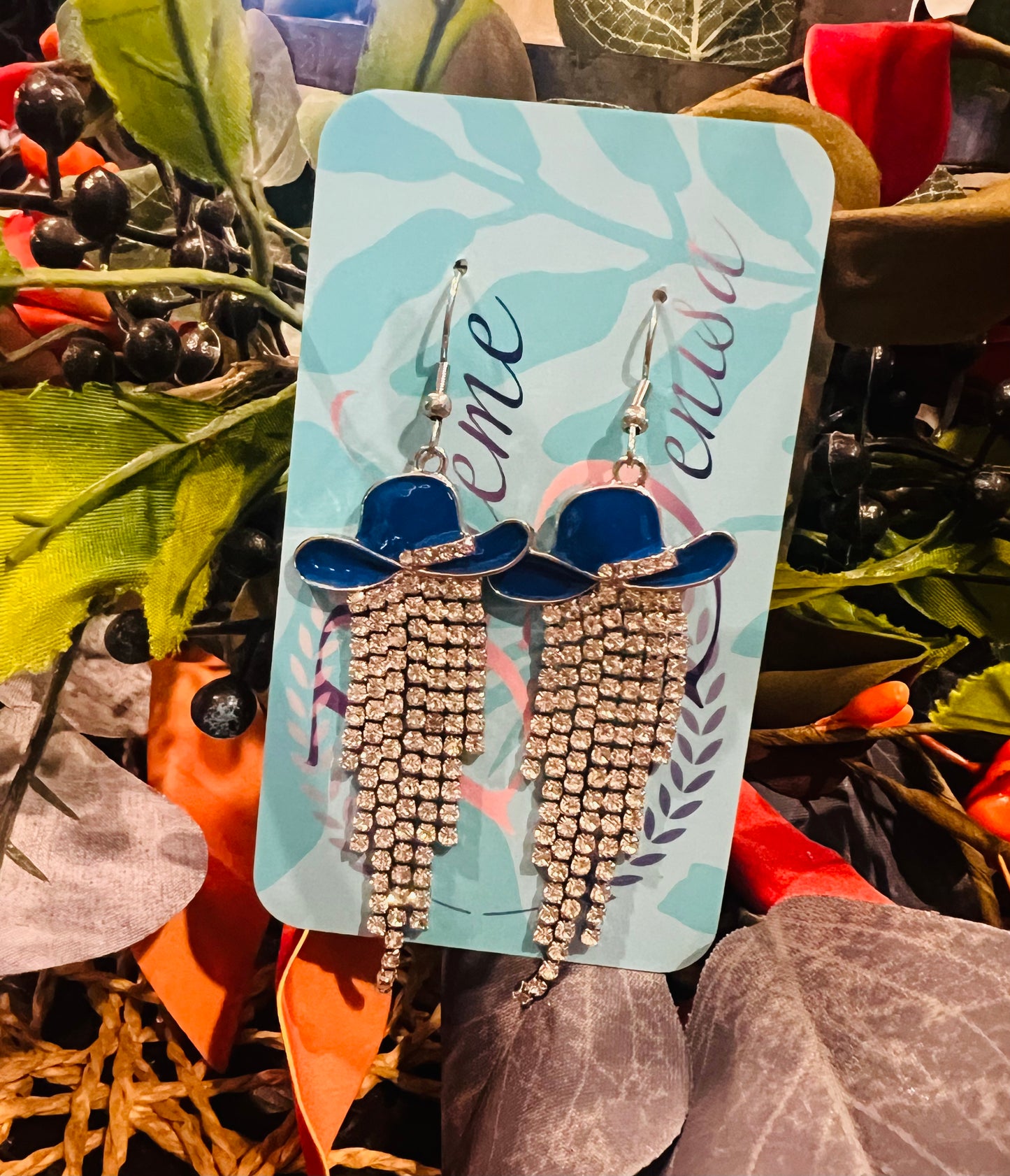 Blue Hat Bling Earrings