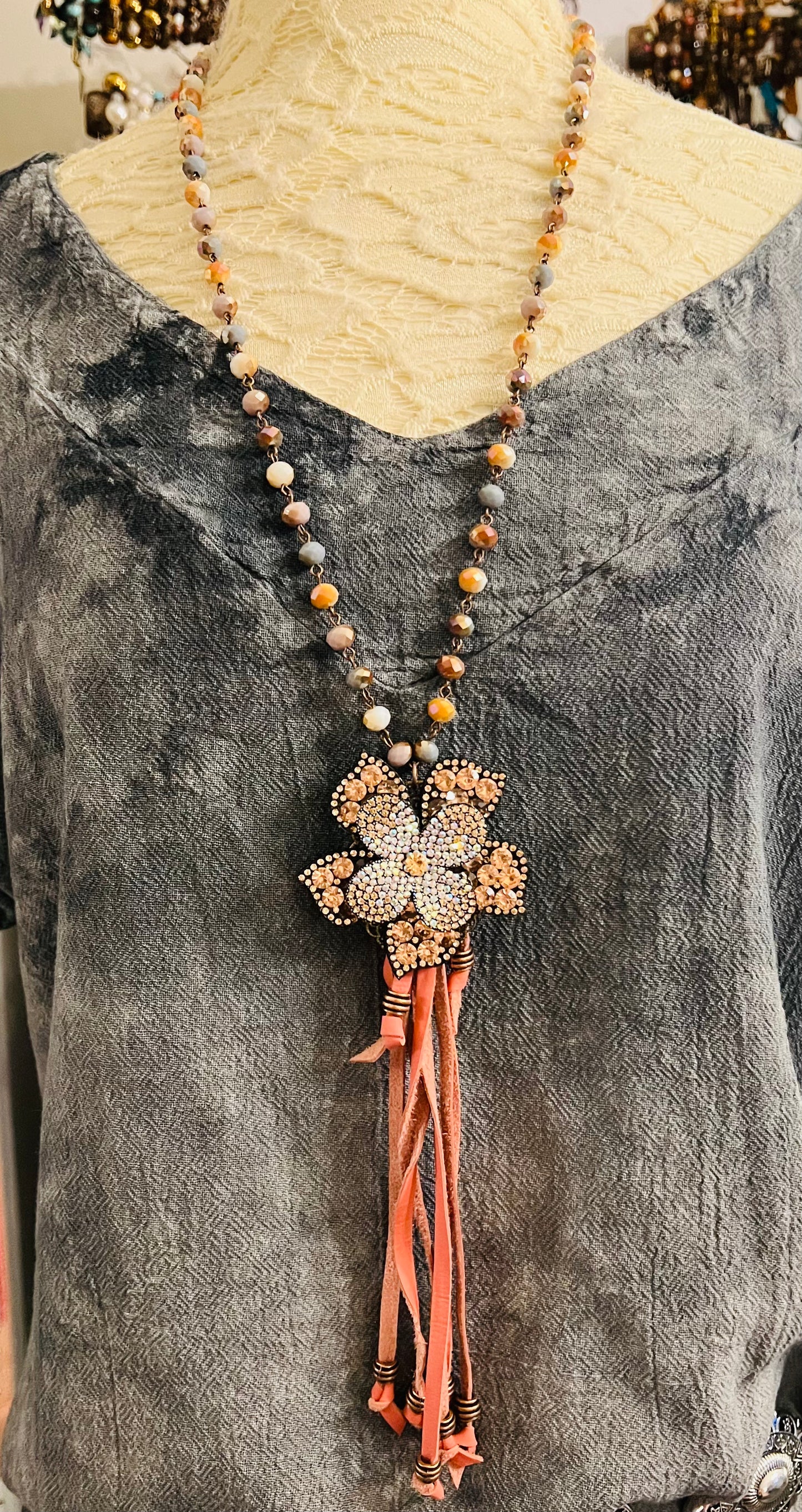 Floral Bling Leather Tassel Necklace