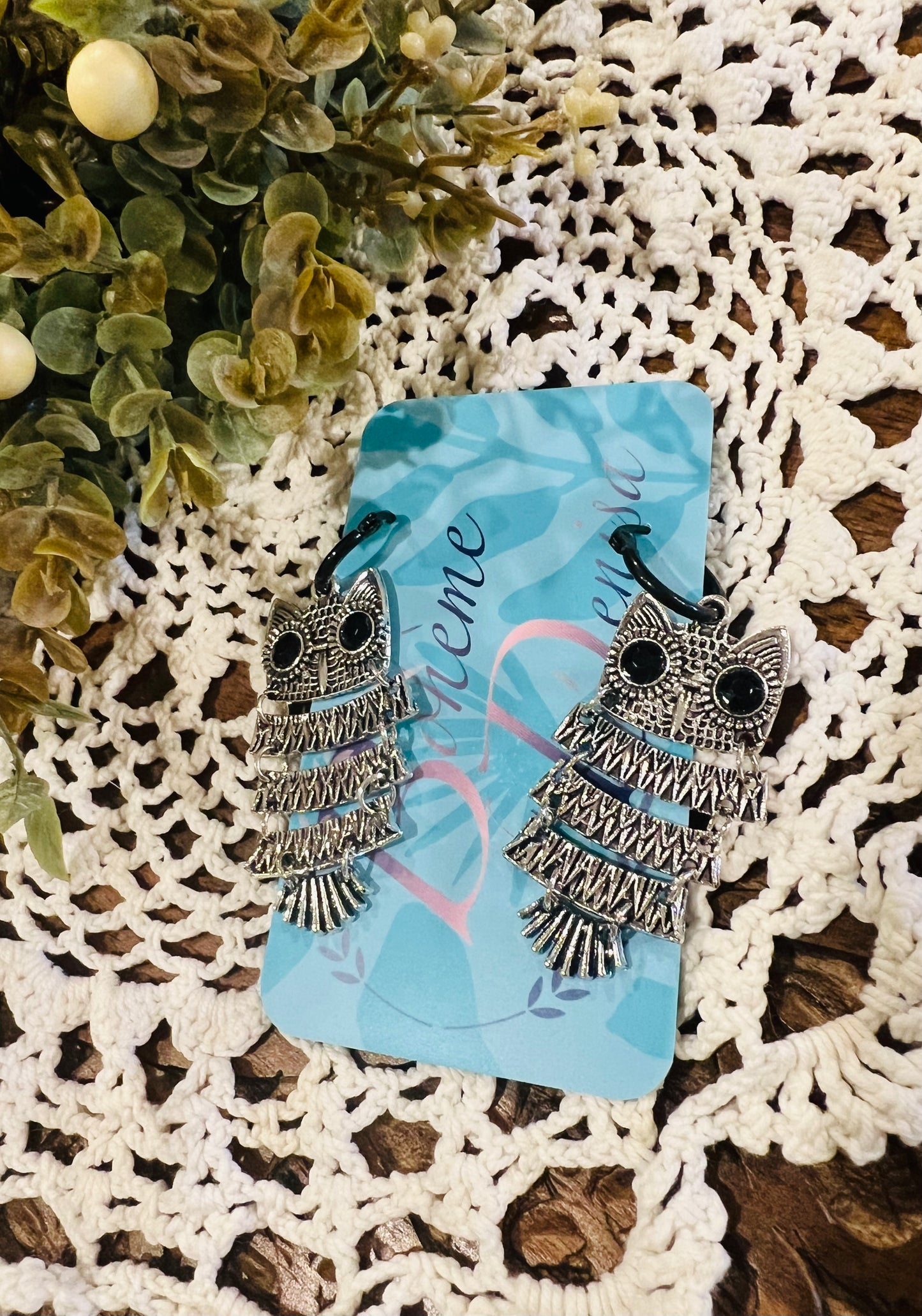 Silver Owl Earring and Black Hoop Earrings