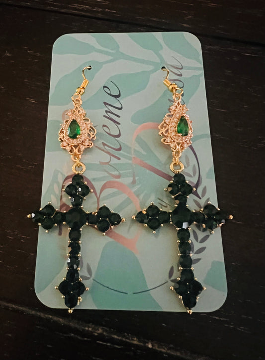 Green Bling Cross Earrings
