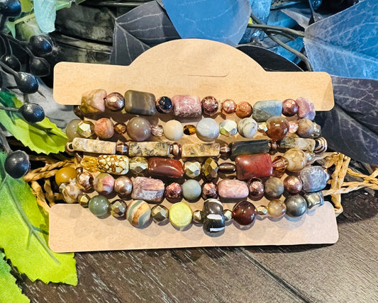 6pc Copper and Gem Beaded Stacker Bracelet Set