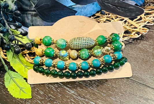 4pc Green Jeweled Stacker Bracelet Set