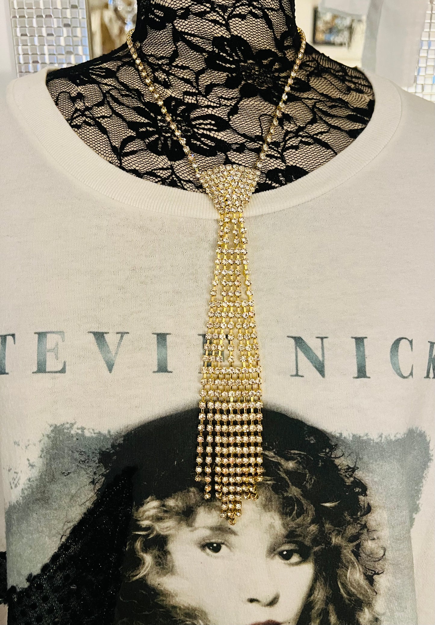 Golden Rhinestone Fringe Tie Necklace