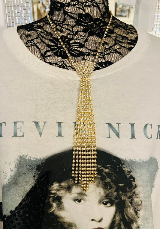 Golden Rhinestone Fringe Tie Necklace