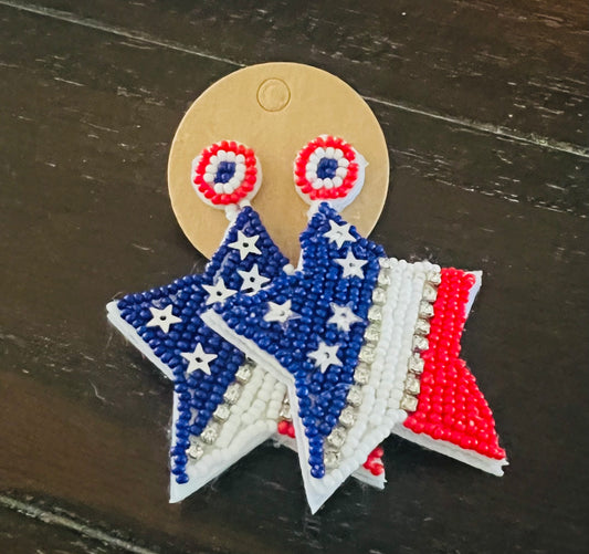Red, White, and Blue Beaded Star Earrings