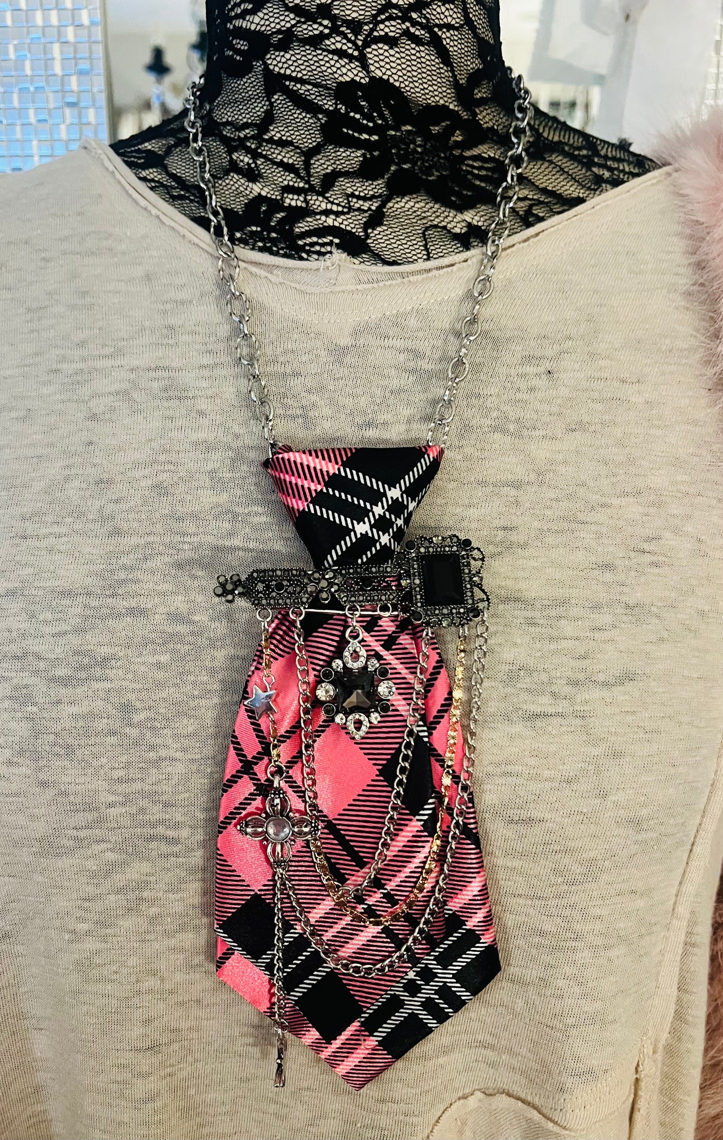 Pink Plaid Tie Necklace