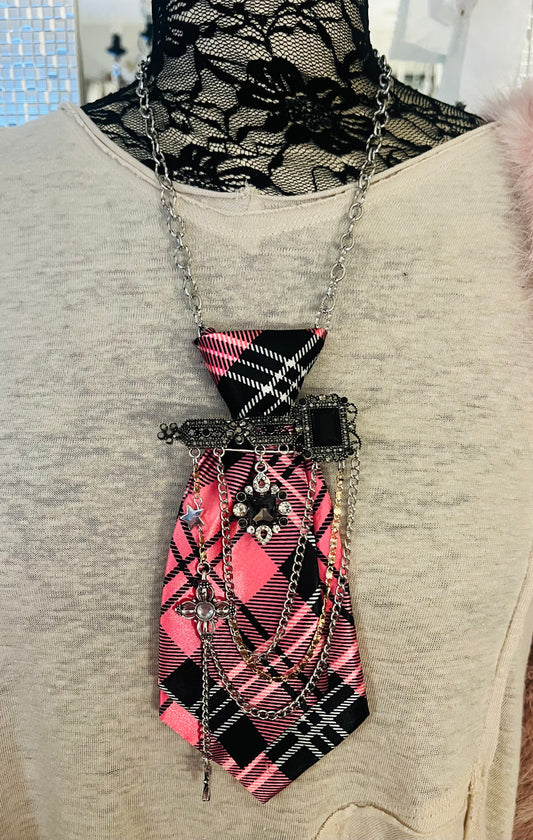 Pink Plaid Tie Necklace