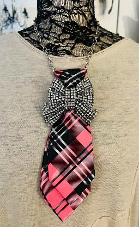Pink Plaid Bling Bow Tie Necklace