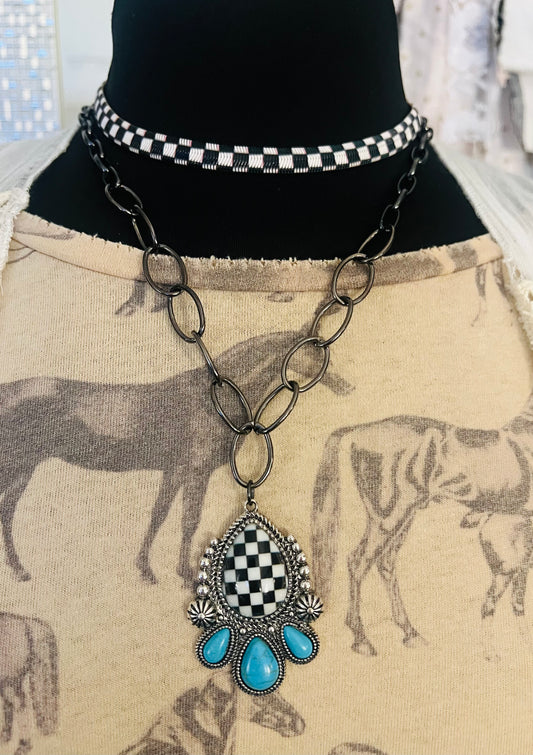 Checked & Turquoise Pendant Necklace