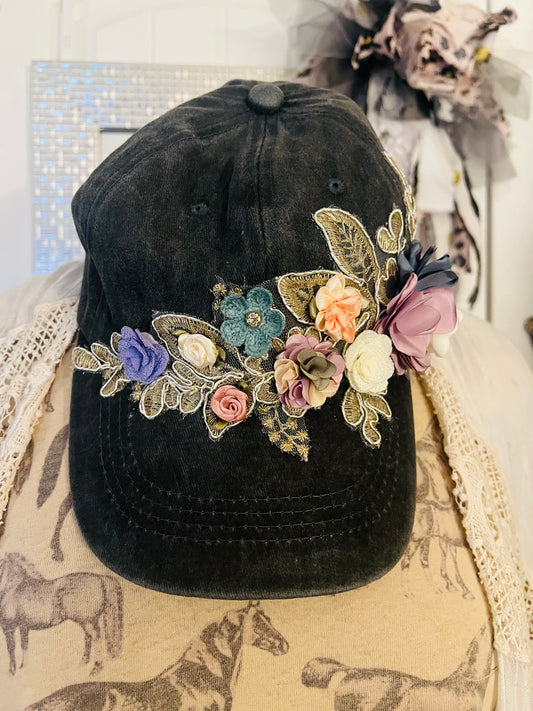 Grey Trucker Hat with Floral Bouquet