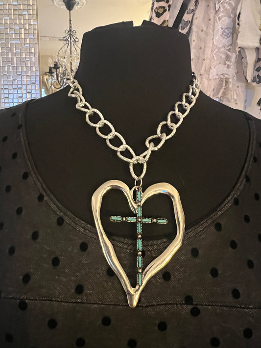 Turquoise Cross & Heart Pendant Necklace
