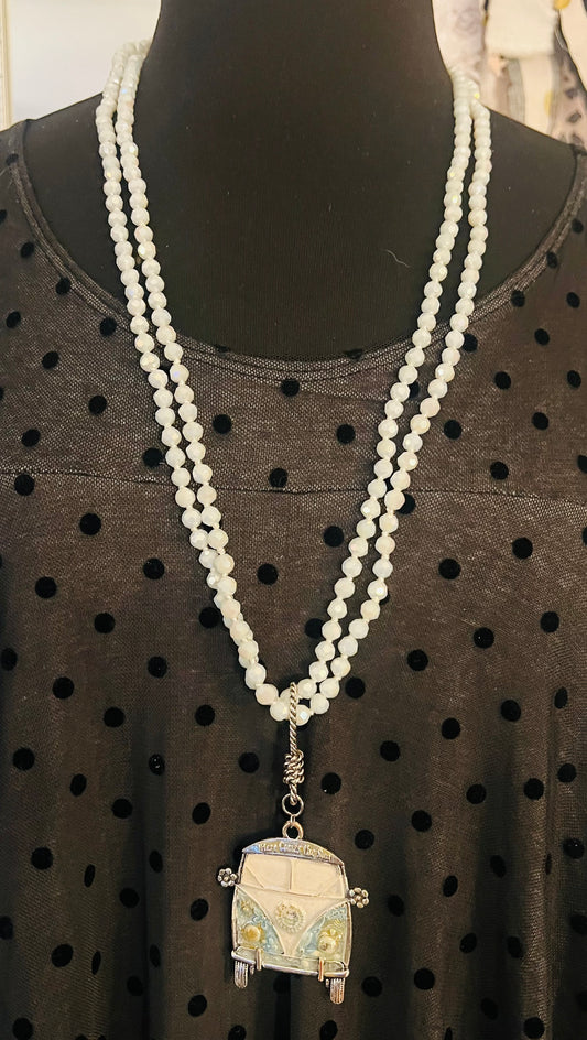 White Beaded Necklace Hippie Van