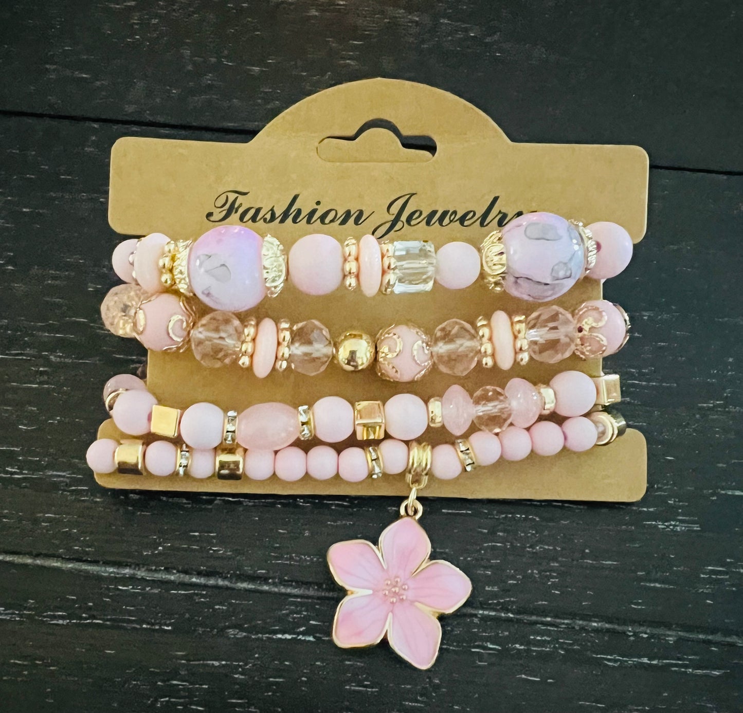 Pink Flower 4pc Bracelet Stacker Set