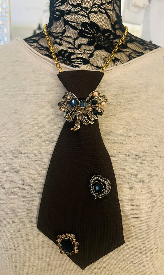 Brown Tie with Bow Necklace