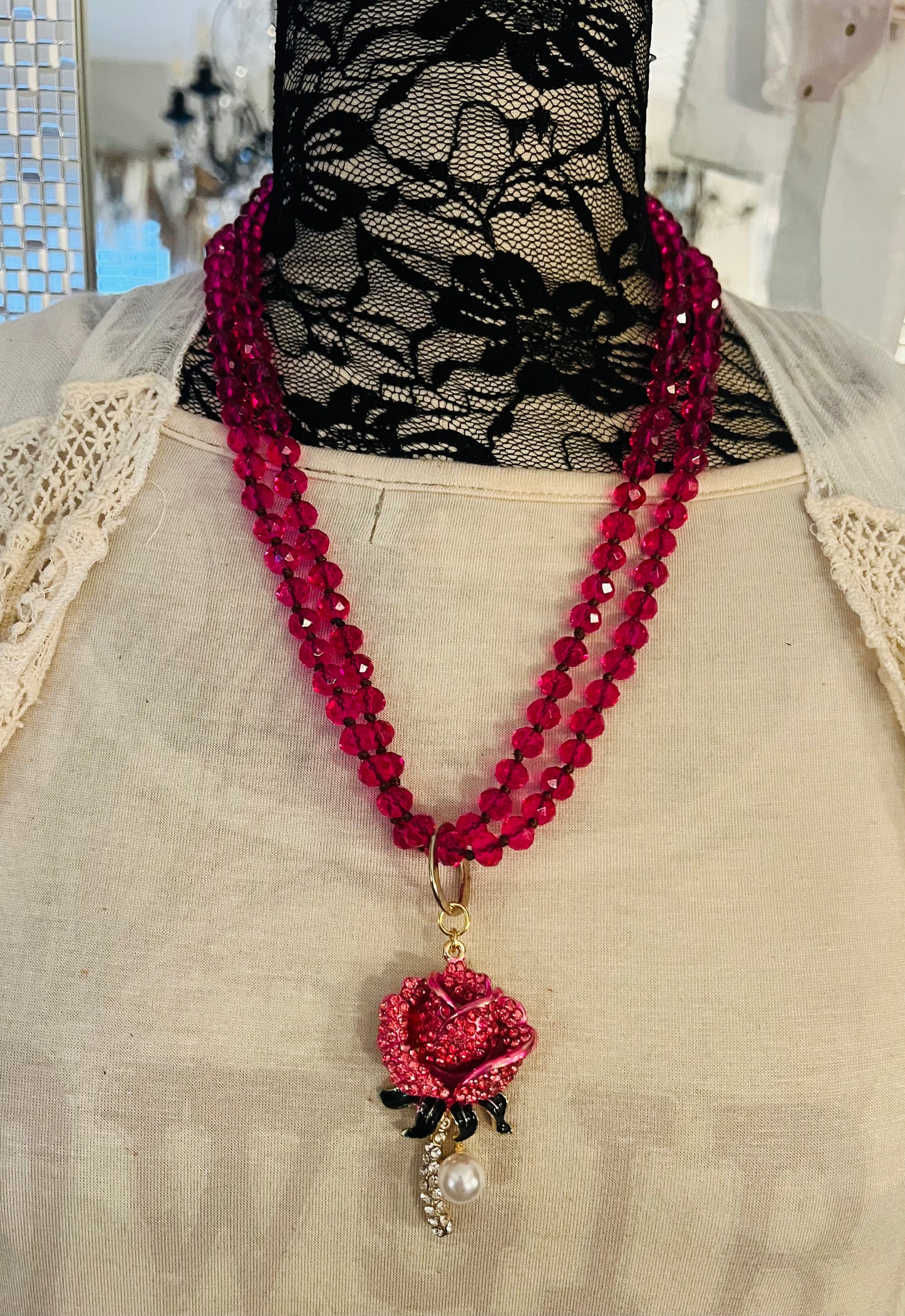 Pink Stem Rose Necklace